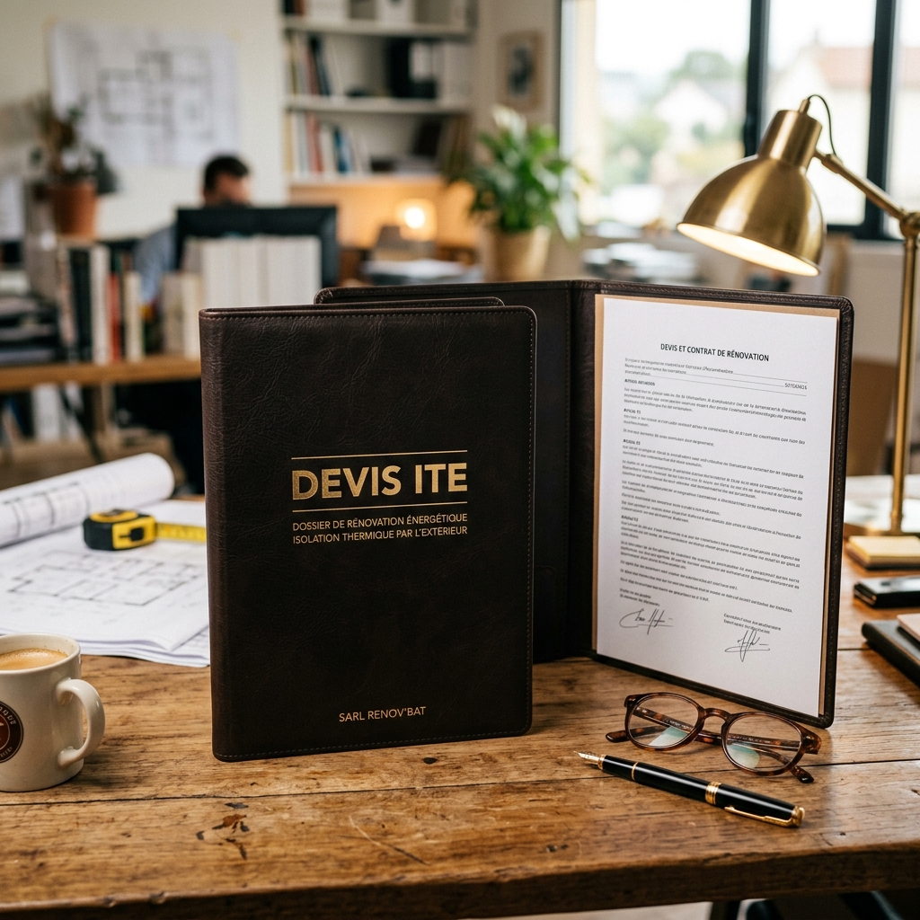 Analyse d'un devis de travaux d'isolation avec lunettes, calculatrice et stylo