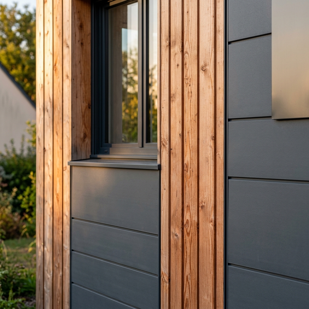 Maison moderne avec isolation extérieure recouverte de lames de bardage en bois composite foncé