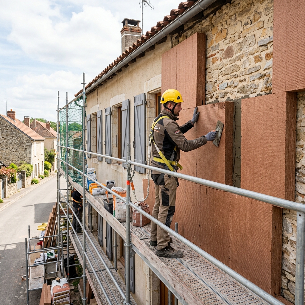 Artisan façadier sur échafaudage posant des panneaux isolants minéraux sur une maison